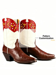 Custom boots with a red flame pattern on a brown background